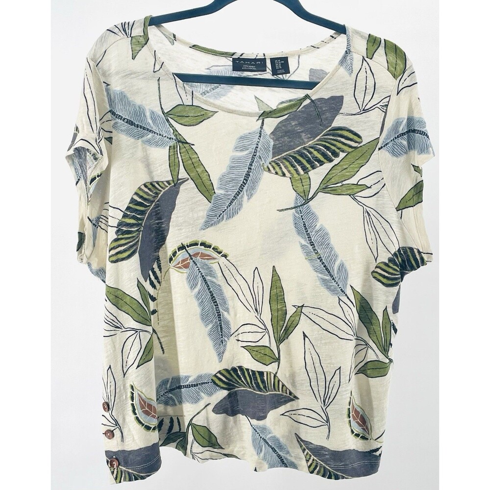 Tahari Linen Blend Tropical Leaf Blouse Beige XL Lightweight Resort Vacation